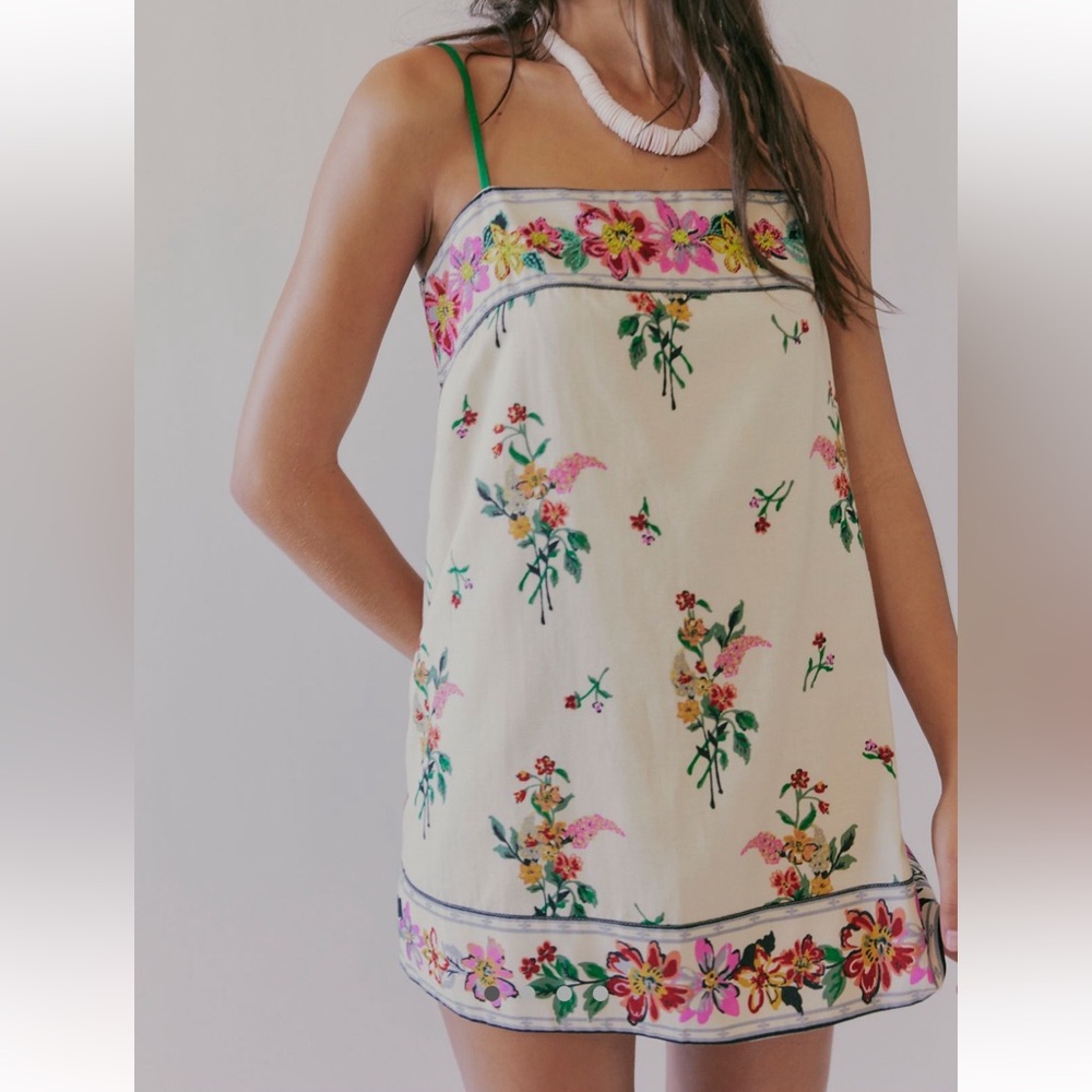 Floral Embroidered Cream Mini Dress